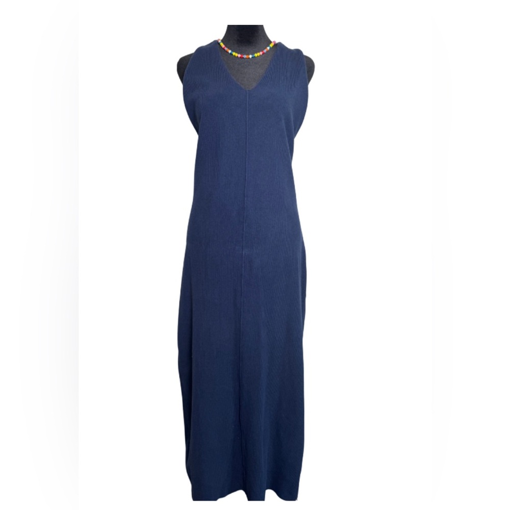 Free People Beach Halter Dress Navy Ribbed Cotton Maxi Length Size Large